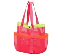 E1mity Mesh Beach Bag for Women, Professional Compartment Organiser Tote with 6 Pockets Snap Closure, Foldable Waterproof Sandproof for Summer Beach Pool Travel Shopping Vacation Essential, Rose Red