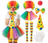 E1mity Rainbow Clown Costume Set for Women, 7Pcs Circus Outfit with Rainbow Skirt Wig Knee-High Socks Gloves Nose Bow Tie Vibrant Fancy Dress for Halloween Carnival Adult Cosplay Party Haunted House
