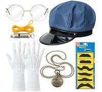 E1mity Train Conductor Costume Accessories, Train Driver Fancy Dress Express Costume Set with Conductor Hat Train Whistle Pocket Watch Mustaches for Adults Men Women World Book Day Themed Parties