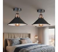 LEDSone 2 Pack Vintage Style Conical Semi Flush Ceiling Light with E27 Base Holder and 22cm Black Inner Inner Lampshade Perfect for Kitchen Bedroom Hallway Living Room with Bulb