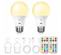 E27 LED Rechargeable Light Bulbs, Dimmable, Remote & Touch, USB-C, 2 Pack