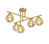 E27 Modern Sputnik Chandelier, Gold Brass Finish Glass Ceiling Light, Flush Mount for Kitchen, Bedroom, Living Room(Amber Cover,5 Head)