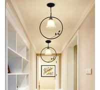 E27 Pendant Light Antique Rustic Hallway Entrance Lamp LED White Light 6000 K White Glass Shade Pendant Light Retro Ring Metal Iron Decoration Chandelier for Kitchen Living Room Office Balcony