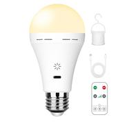 E27 Rechargeable Light Bulb, Remote & Touch, 3000K Warm White, 1 Pack | 2600mAh Battery Operated, 3 Timer, LED Dimmable 7W 700lm, USB Charging, Hook, for Wall Lights, Lamps Without Power, Outdoor