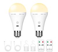 E27 Rechargeable Light Bulbs, Remote & Touch, 3000K Warm White, 2 Pack | 2600mAh Battery Operated, 3 Timer, LED Dimmable 7W 700lm, USB Charging, Hook, for Wall Lights, Lamps Without Power, Outdoor