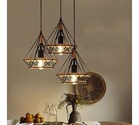 E27 Vintage Hemp Cord Pendant Light, Industrial 3-Head Diamond Cage Chandelier, Iron Ceiling Lamp for Living Room, Dining Room, Restaurant, Bar, Hotel