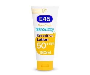 E45 Kids & Baby Sun Lotion for Sensitive Skin SPF 50+. Face & Body Gentle Sun Cream with UVA & UVB Protection with Avocado Oil. For Dry Sensitive Skin and Eczema Prone Skin -180 ml