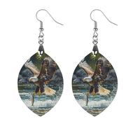 Ea-gles Catching Fish Printed Wooden Earrings for Women Trendy Lightweight Charms Pendant Jewelry Circular
