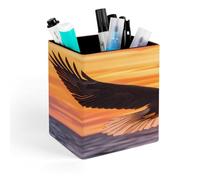 Ea-gles Soaring Over Ocean Sunset Lather Square Pen Holder Multifunctional Pencil Makeup Brush Organizer Caddy for Home Office