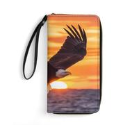 Ea-gles Soaring Over Ocean Sunset Women's Wallet Leather Bifold Blocking Card Holder Trendy Ladies Clutch Purse with Hand Rope 19.7x10.5cm
