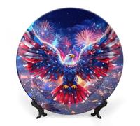 Ea-gles US 4th of July Printed Bone China Decorative Plate Ceramic Decorative Plate with Display Stand for Home Wall Decor