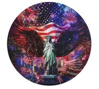 Ea-gles Wings Firework U.S. Flag Round Wooden Puzzle Letter on Back