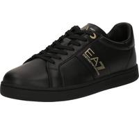 EA7 Emporio Armani Sneakers, Black Leather with Gold Logo, Non-Slip Sole, Black & Golden, 8.5 UK