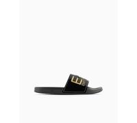 Men's EA7 Emporio Armani Visibility Logo Slides Shiny Black/Gold - Size: 8.5