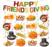 Eaasty 2 Pcs Happy Friends Giving Banners Thankful for You Party Decoration Friends Giving Banner Garlands with 16 Pcs Turkey Pumpkin Hanging Swirls for Thanksgiving Party Indoor Outdoor Supplies