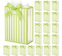 Eaasty 20 Pack Plastic Gift Bags with 20 Sheets White Tissue Paper, Lime Green Stripe Gift Bags with Handles and Green Bows, Reusable Bulk Gifts Bag for Party Favors, Birthday, Weddings, Bridal Shower