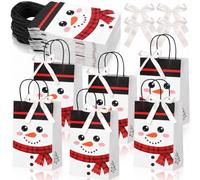 Eaasty 24 Pcs Snowman Kraft Paper Gift Bags | Kraft Paper Treat Bags, with Handles & White Bow Ribbon, for Xmas Party Favors Holiday Gift Wrapping
