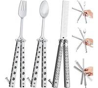 Eaasty 3 Pieces Butterfly Comb,Fork and Spoon Set,Tactical Stainless Steel Folding Butterfly Spoon for Camping Hunting Travel Outdoor(Silver)