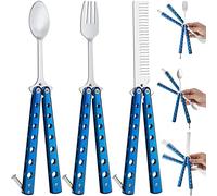 Eaasty 3 Pieces Butterfly Comb,Fork and Spoon Set,Tactical Stainless Steel Folding Butterfly Spoon for Camping Hunting Travel Outdoor(Blue)