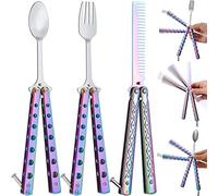 Eaasty 3 Pieces Butterfly Comb,Fork and Spoon Set,Tactical Stainless Steel Folding Butterfly Spoon for Camping Hunting Travel Outdoor(Colorful)