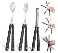 Eaasty 3 Pieces Butterfly Comb,Fork and Spoon Set,Tactical Stainless Steel Folding Butterfly Spoon for Camping Hunting Travel Outdoor(Black)