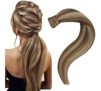 Eaayouth Human Hair Ponytail Extension Highlight Brown Ponytail Extensions Human Hair Brown and Blonde Wrap Around Pony Tail Extension #4P27 12Inch 70g