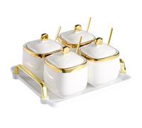 EABOSON 4 Pack Gold Condiment Spice Jars with Lids, Spoons, Tray - Ceramic Seasoning Box Set for Salt, Pepper, Sugar - Kitchen Storage