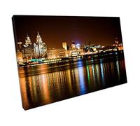 EACanvas city of Liverpool at night reflections liver building Albert Ready to Hang Wall Art Print Picture For Home Office Decor 45x30cm (18x12In)