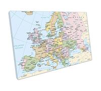 EACanvas Map of Europe cities Countries light blue Map Art Ocean Ready to Hang Wall Art Print Picture For Home Office Decor 45x30cm (18x12In)