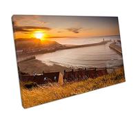 EACanvas Whitby Harbour at sunset Dusk Coastal landscape North sea Ready to Hang Wall Art Print Picture For Home Office Decor 91x61cm (36x24In)