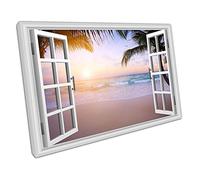EACanvas Window View Beautiful sunrise over the tropical beach Ready to Hang Wall Art Print Picture For Home Office Decor 45x30cm (18x12In)