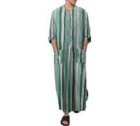 EACH WOMEN Men's Button Down Striped Kaftan Muslim Robe Moroccan Desert Thobe Shirt Stripe Print Saudi Arabic Kurta Dress
