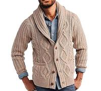 each women Men's Cable Knit Chunky Cardigan Men Button Shawl Neck Sweater V Neck Pockets Knitted Coat