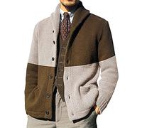 each women Mens Color Block Buttoned Cardigan Men Shawl Collar Grey Knit Cardigan Sweater with Pockets