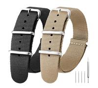 EACHE Pack of 2 Nylon Watch Straps, Military One-Piece 20mm Watch Strap for Men with Silver Polished Buckle (Black + Khaki)