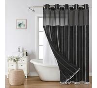 eachope No Hook Extra Long Shower Curtain Set with Snap-in Liner,Linen Textured Thick Striped Fabric with Tassels,Boho Chic Modern Farmhouse Bathroom Curtain,Water-Repellent,Black,71x86