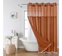 eachope No Hook Extra Long Shower Curtain Set with Snap-in Liner,Linen Textured Thick Striped Fabric with Tassels,Boho Chic Modern Farmhouse Bathroom Curtain,Water-Repellent,Orange,71x86