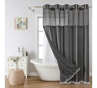 eachope No Hook Extra Long Shower Curtain Set with Snap-in Liner,Linen Textured Thick Striped Fabric with Tassels,Boho Chic Modern Farmhouse Bathroom Curtain,Water-Repellent,Charcoal Grey,71x86