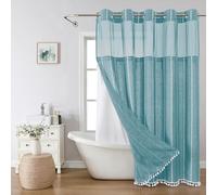 eachope No Hook Extra Long Shower Curtain Set with Snap-in Liner,Linen Textured Thick Striped Fabric with Tassels,Boho Chic Modern Farmhouse Bathroom Curtain,Water-Repellent,Teal,71x86