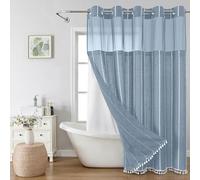 eachope No Hook Extra Long Shower Curtain with Snap-in Liner Set,Boho Chic Striped Tassel Linen Fabric Shower Curtain,Tall Modern Farmhouse Cute Cloth Shower Curtains for Bathroom,Blue,71x86