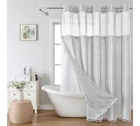eachope No Hook Long Shower Curtain Set with Snap-in Fabric Liner,Linen Ultra Thick Fabric with Tassels,Boho Chic Modern Farmhouse Country Neutral Cloth Shower Curtains for Bathroom,Grey/Gray,71x80