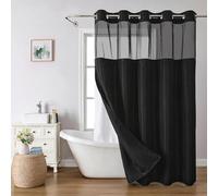 eachope No Hooks Needed Linen Textured Shower Curtain with Snap-in Fabric Liner Set,Black Hotel Luxury Decor Shower Curtains for Bathroom with Mesh Top Window,Waterproof & Washable,71Wx74H