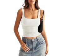 Eachyes Womens Square Neck Double Lined Tank Tops Low Back Fitted Sleeveless Shirts Summer Going Out Clothes, White, S