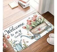 EAEQKOUC Door Mat 3D Welcome to My Garden Non-Slip - Thick Machine Washable Polyester Mat with Floral Tulip & Wooden Cart Desig