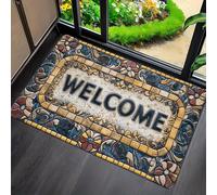 EAEQKOUC Welcome doormat with decorative flower and stone pattern - washable knitted rectangular mat perfect for the front door 3D-60x90cm