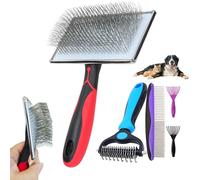 EAFBAO 5PCS Dog Grooming Brush Kit; 1" Extra Long Soft Pins Slicker Brush for Short&Long Haired Dogs&Cats; 2-in-1 Undercoat Rake, Metal Comb, Remove Loose Fur and Tangles, Reduce Shedding