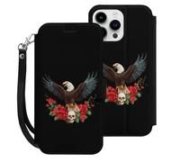 Eag-le Skull Roses Leather Wallet Cell Phone Cases Stand Foldable Flip Cover Phone Case Compatible with iPhone 15/15 Plus/15 Pro/15 Pro Max