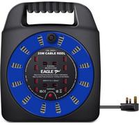 Eagle 4 x UK Socket Extension Reel with Handbag Type Holder, Restable Thermal Safety Cut Out Protection, Easy Hold Handle, Winding Handle, UK Plug. Extending Extension Lead 13 Amp 25m