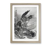 Eagle Attacking Fish By Kawanabe Kyosai Asian Japanese Framed Print | A3 Oak Framed Wall Art | Ready to Hang | Asian Animal Picture | Living Room Bedroom Lounge Office