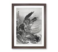 Eagle Attacking Fish By Kawanabe Kyosai Asian Japanese Framed Print | A3 Walnut Framed Wall Art | Ready to Hang | Asian Animal Picture | Living Room Bedroom Lounge Office